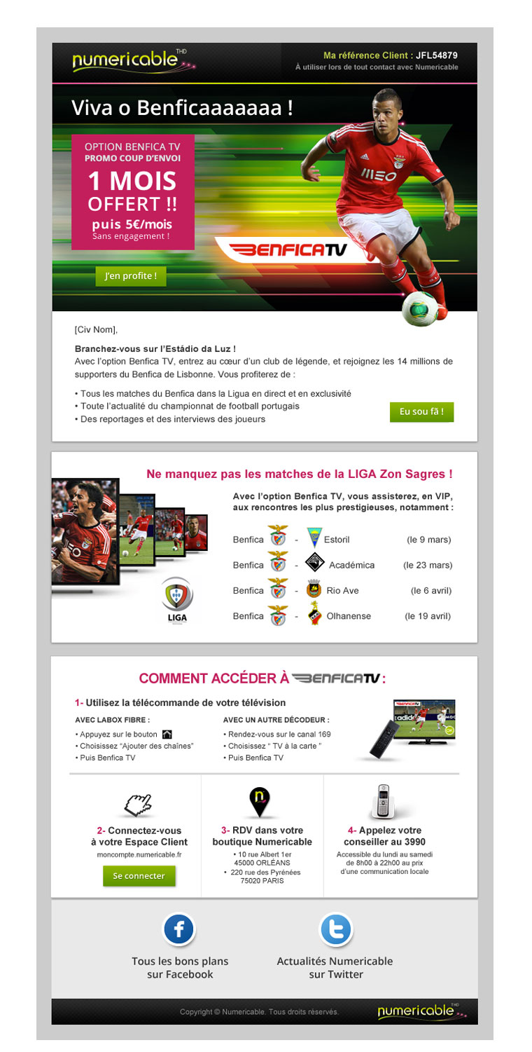  E-MAILING ABONNÉS NUMERICABLE  Offre de lancement «Benfica TV»